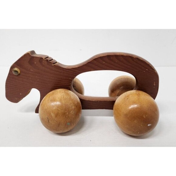 Vintage Wooden Horse Toy On Wheels Push Toy Hand Roller Retro Carvings Decor - Picture 1 of 10